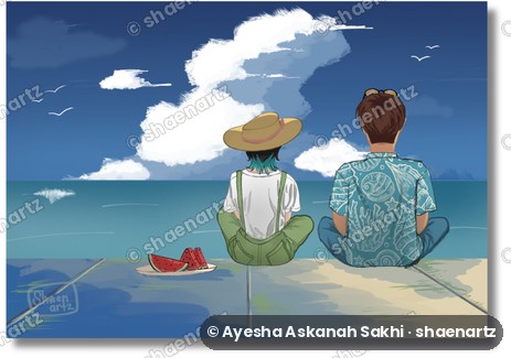 Digital illustration of two friends by the sea